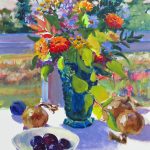 Still Life with Zinnias Plums